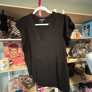 Liverpool Small Petite Black Asymmetrical Blouse with Bib Collar